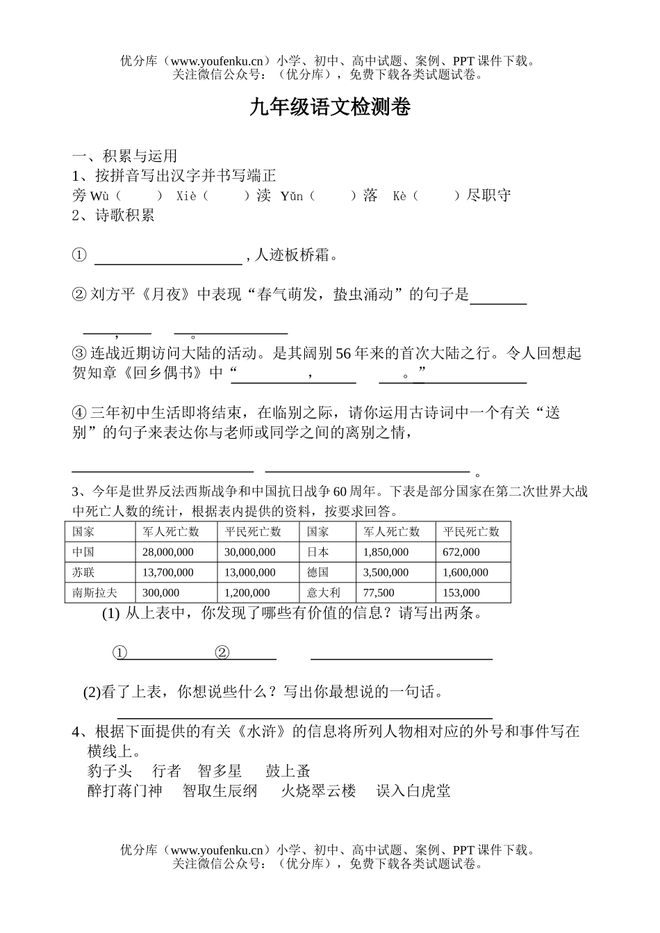 初中九年级语文检测卷[上学期]试卷_第1页