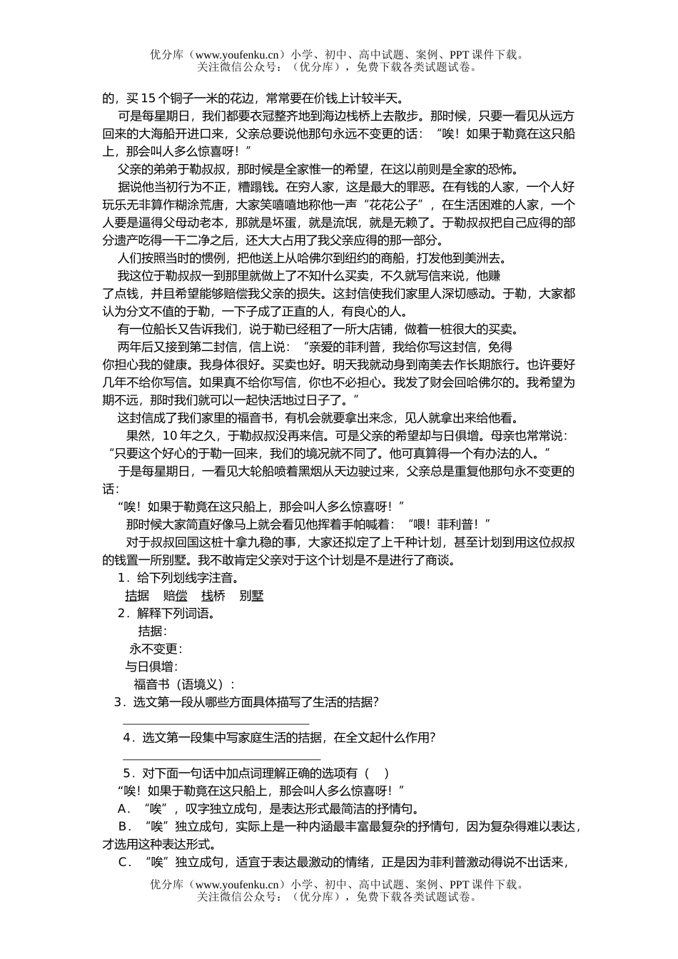 初中九年级语文《我的叔叔于勒》试卷_第2页