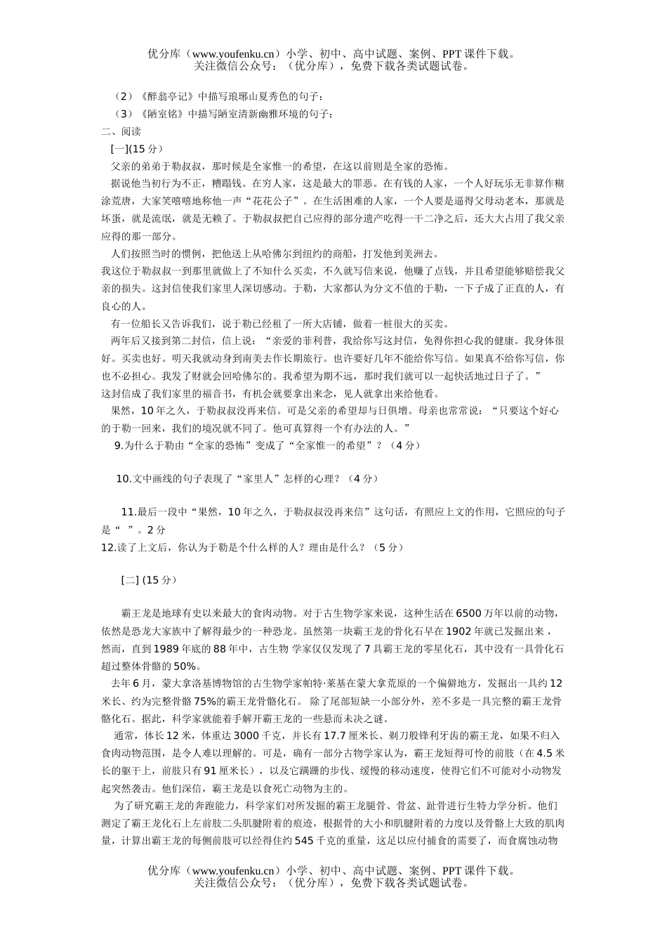 初中九年级语文模拟试卷_第2页