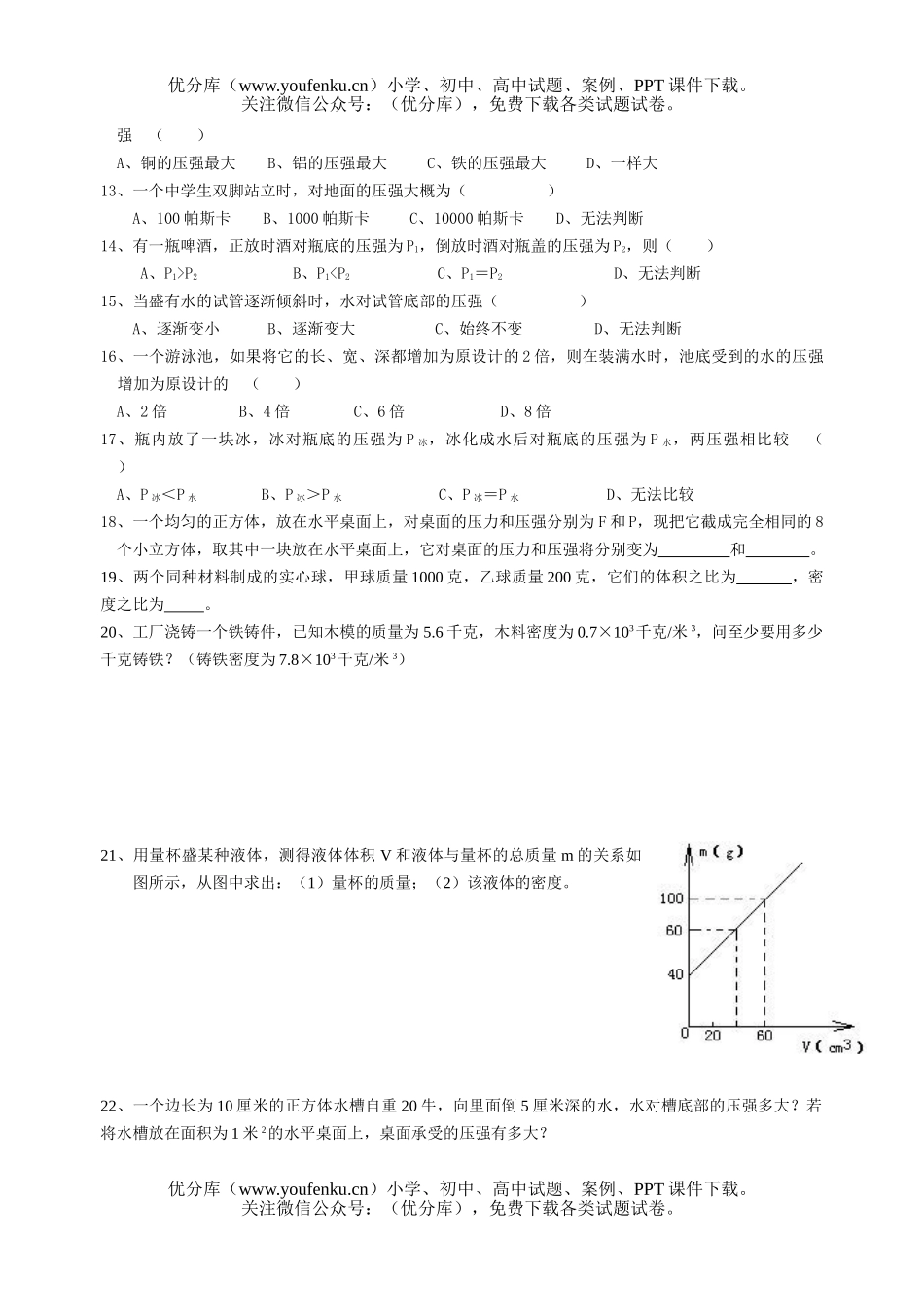 初中八年级科学密度、 压强练习试卷_第1页