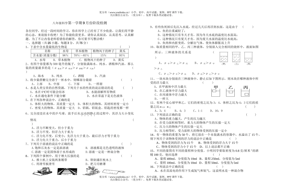 初中八年级科学第一学期9月份阶段检测2试卷_第1页