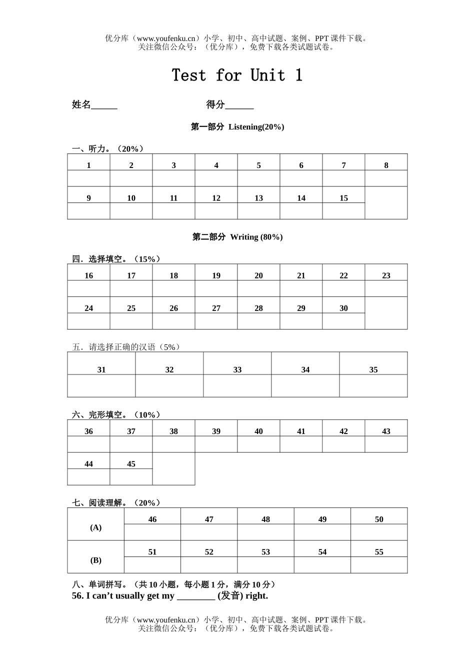 初中九年级英语新目标上学期unit 1试卷_第1页