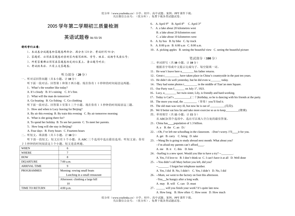 初中九年级英语下学期试卷_第1页