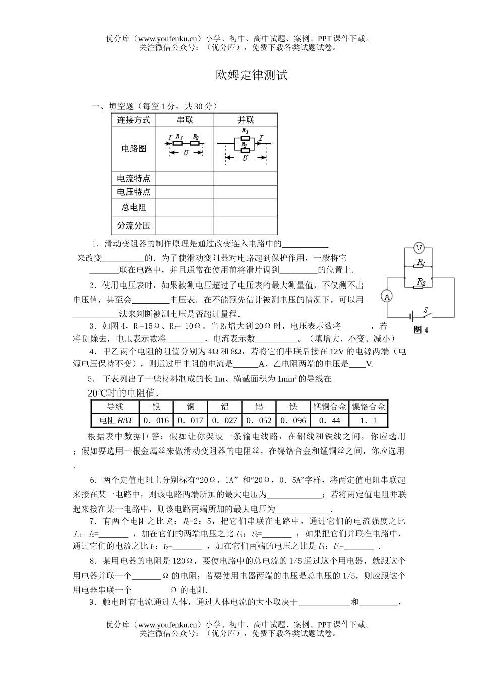 初中八年级科学欧姆定律测试卷_第1页