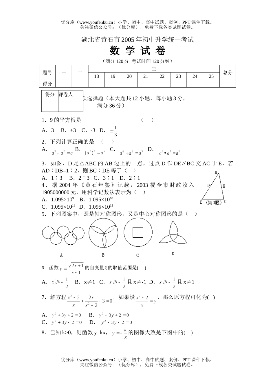 初中九年级数学2005年湖北省黄石市升学统一考试卷_第1页