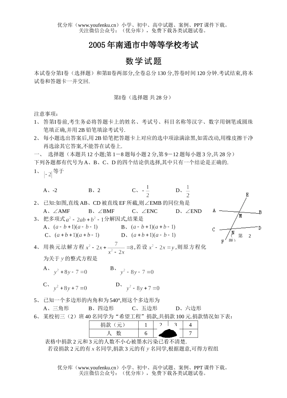 初中九年级数学2005年南通市中等学校考试卷_第1页