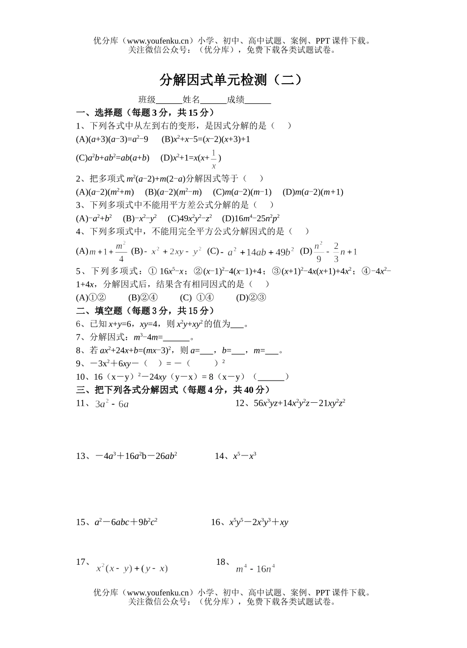 初中九年级数学总复习分解因式单元检测(二)试卷_第1页