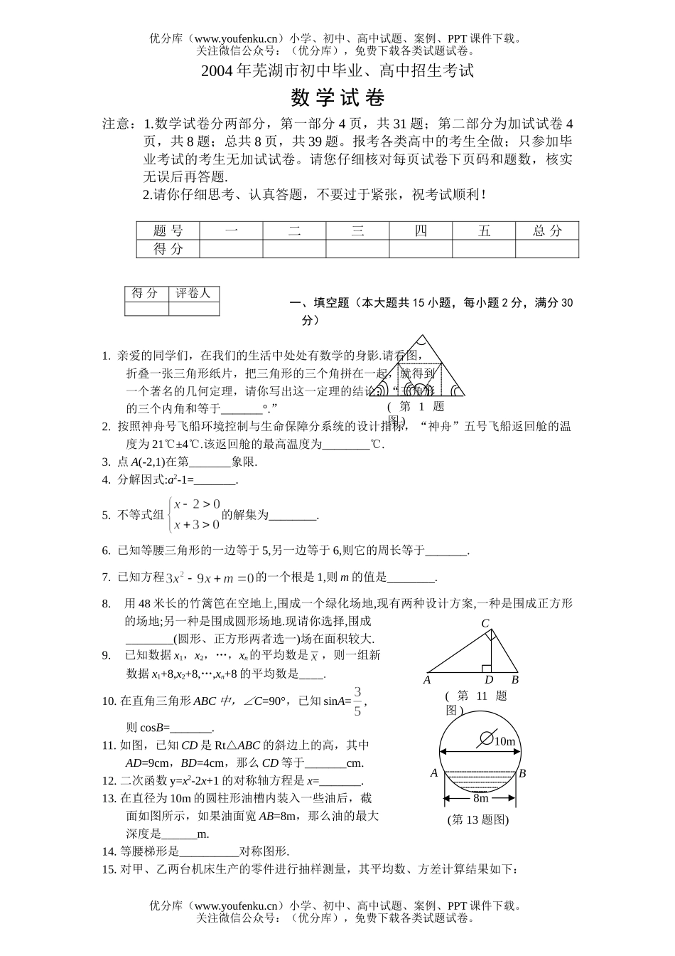 初中九年级数学芜湖市毕业、招生考试卷_第1页