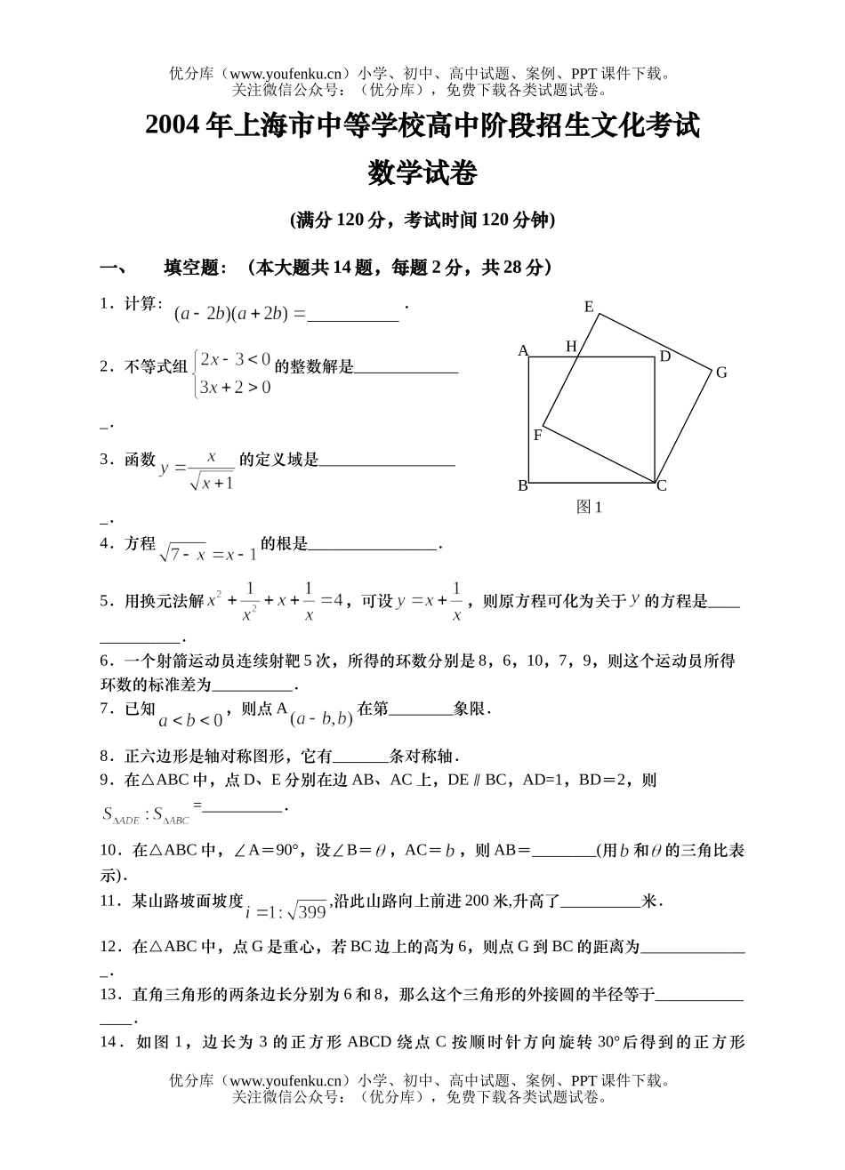 初中九年级数学上海市中等学校阶段招生文化考试卷_第1页