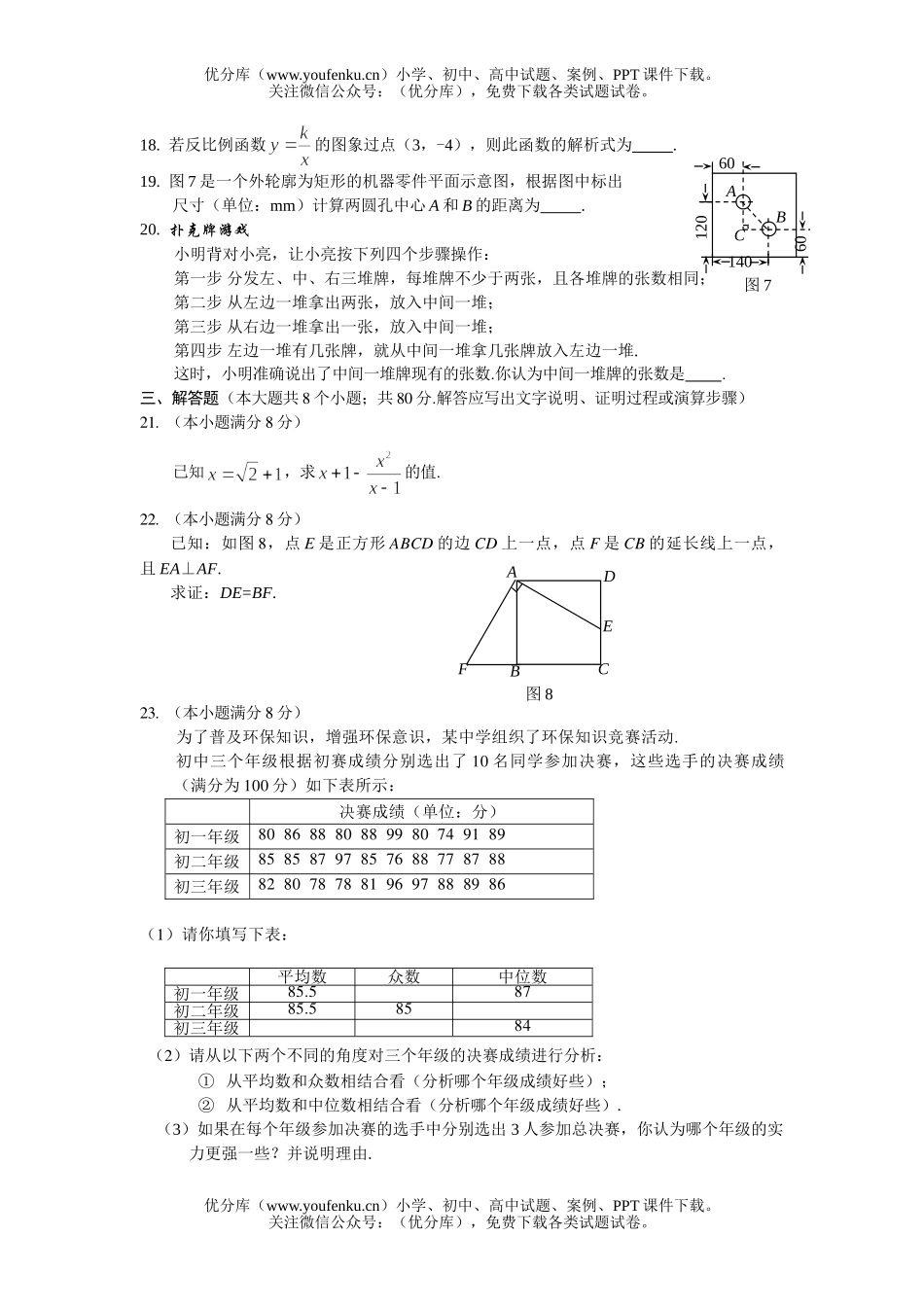 初中九年级数学河北省生统一考试卷_第3页