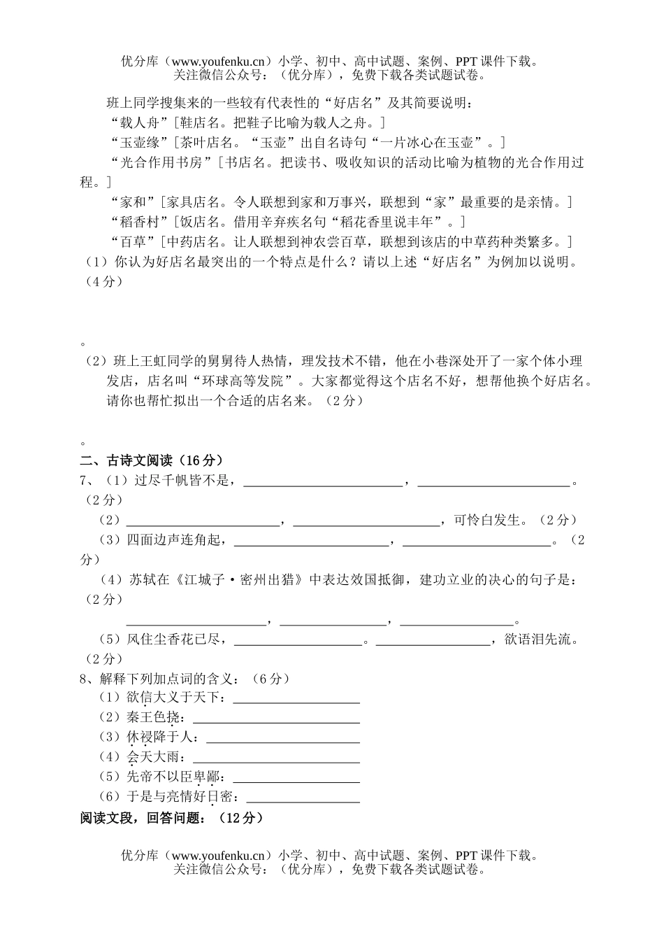 初中九年级语文阶段性测试卷_第2页