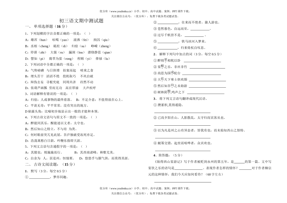 初中九年级语文期中测试卷_第1页