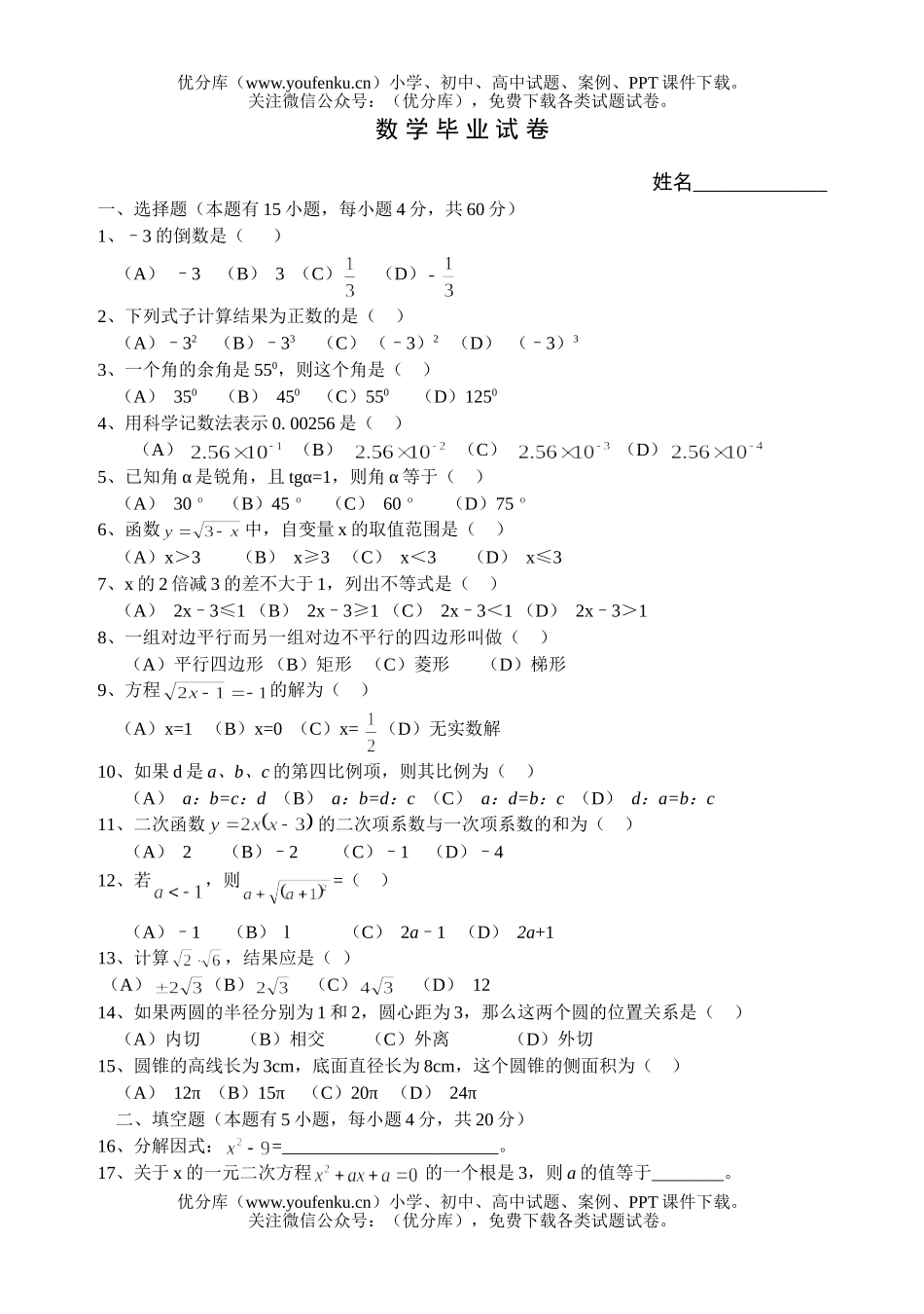 初中九年级数学毕业试卷_第1页