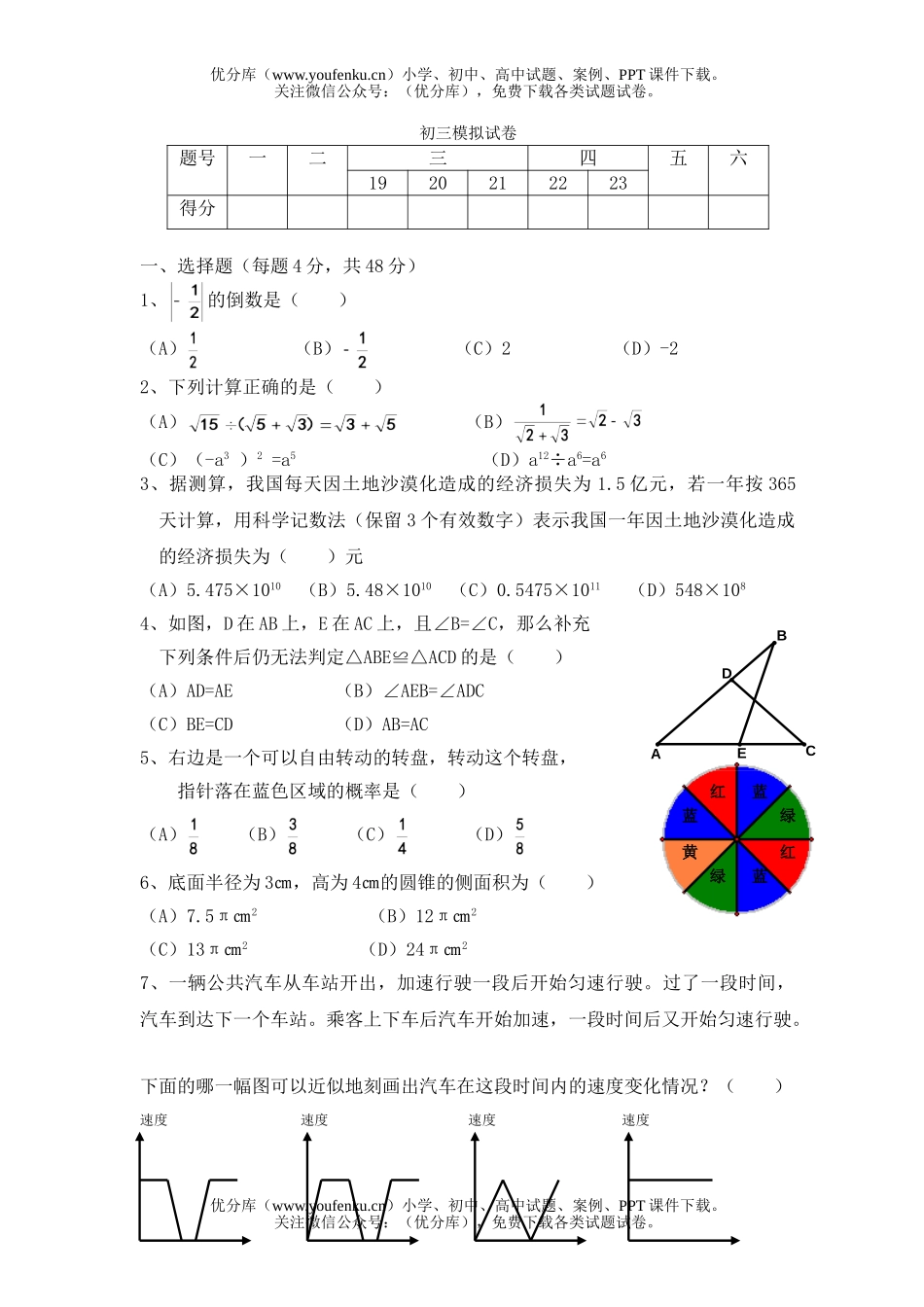 初中九年级数学模拟试卷_第1页