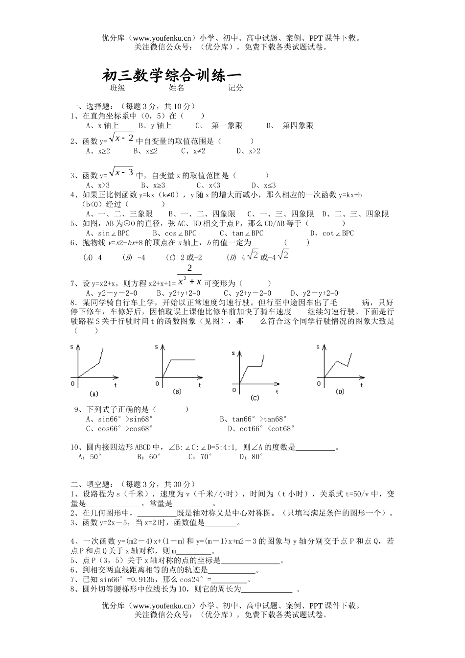 初中九年级数学综合训练一试卷_第1页