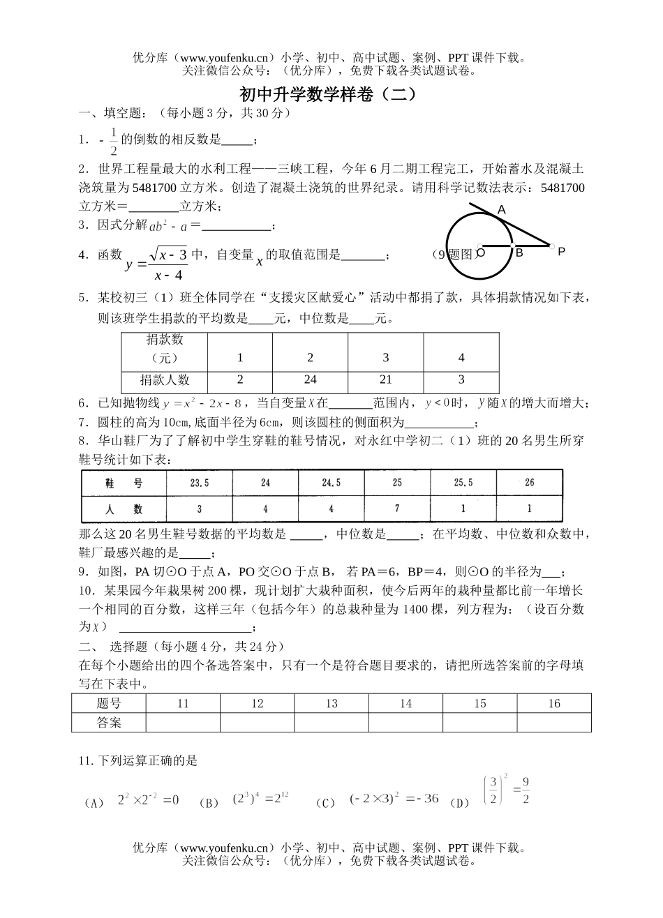 初中九年级数学升学样卷(二)试卷_第1页