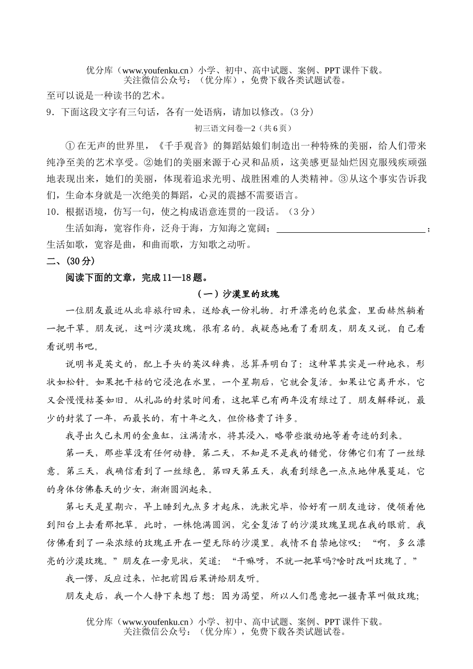 初中九年级语文2006年3月月考试卷_第2页