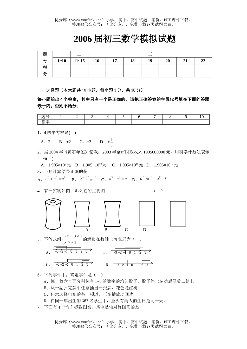 初中九年级数学模拟试卷_第1页