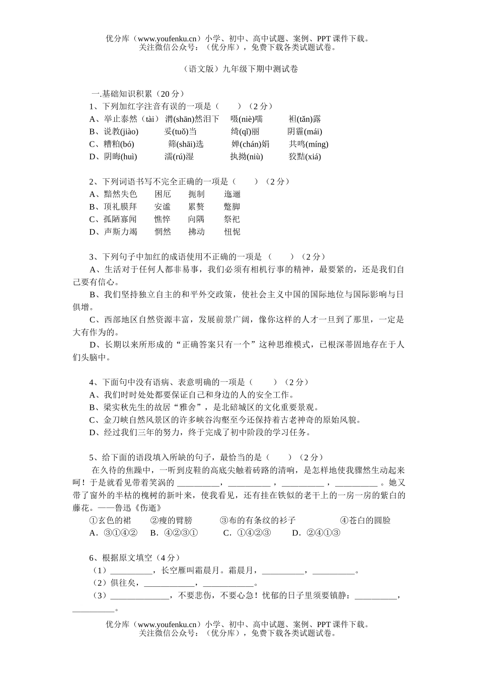 初中九年级语文下学期期中试卷_第1页