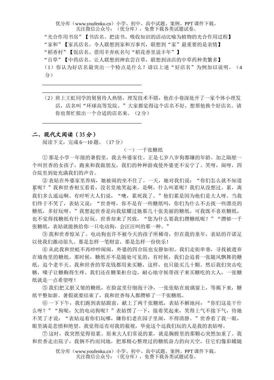 初中九年级语文模拟试卷_第2页