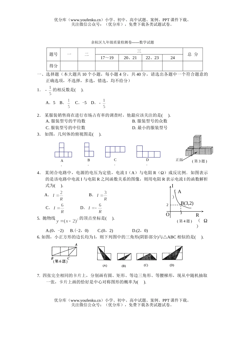 初中九年级数学杭州余杭区质量检测卷-试卷_第1页