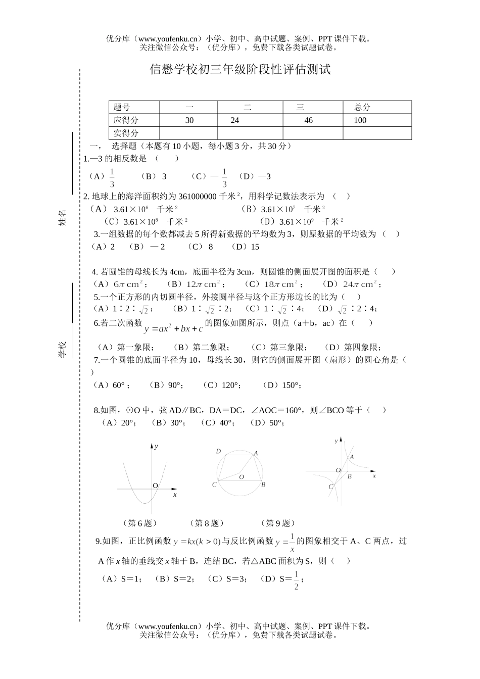 初中九年级数学[下学期]试卷_第1页