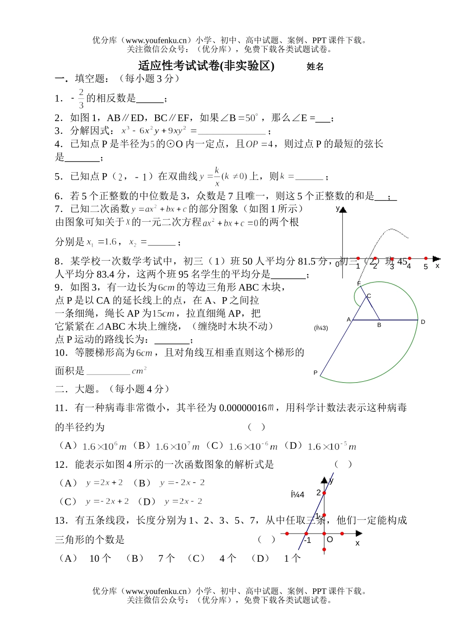 初中九年级数学适应性考试及答案试卷_第1页