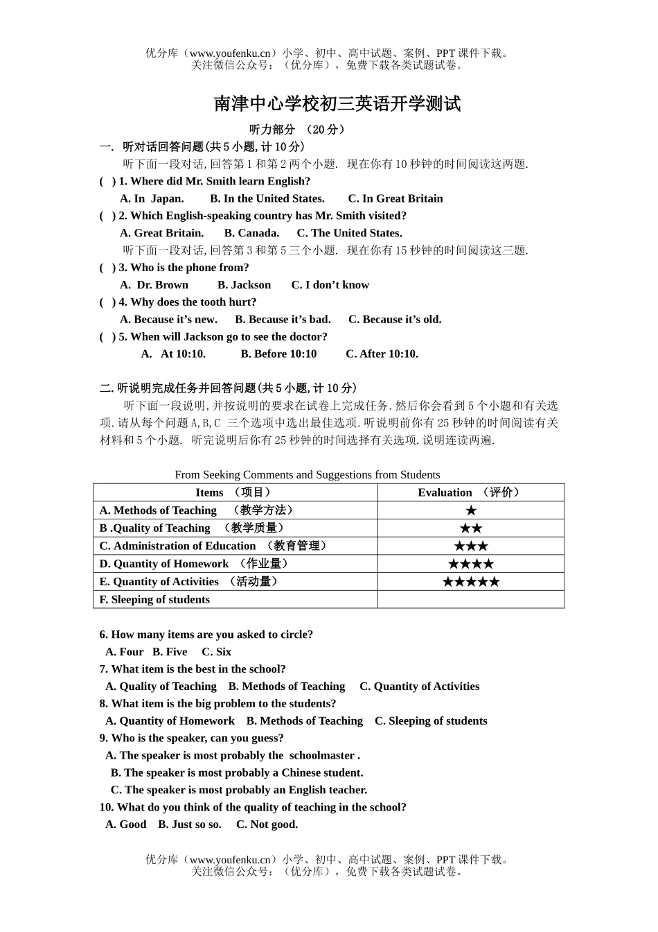 初中九年级英语下学期开学测试卷_第1页