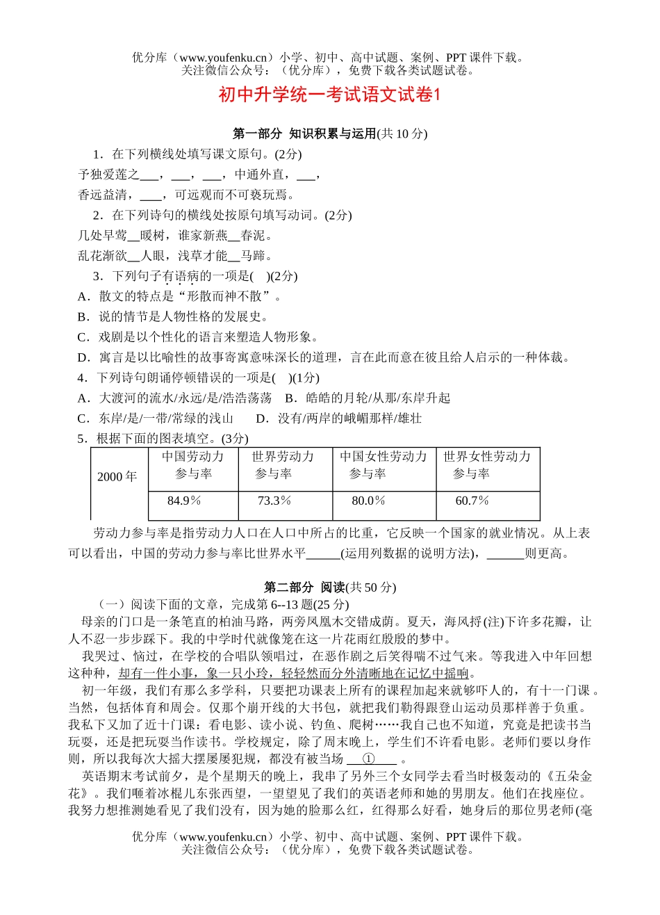 初中九年级语文升学统一考试1(答案)试卷_第1页
