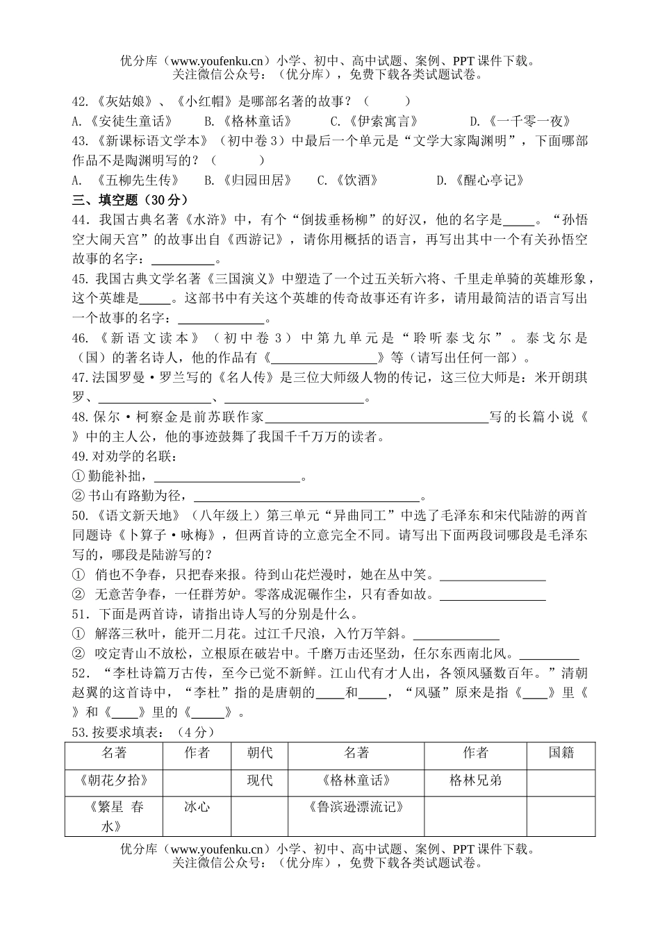 初中九年级语文古诗词诵读及课外名著常识测试卷_第2页