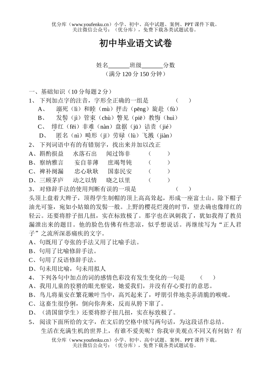 初中九年级语文毕业试卷_第1页