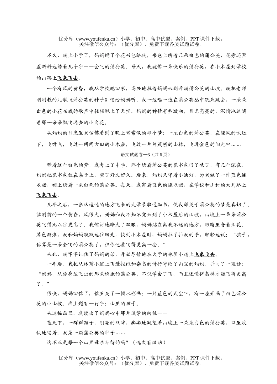 初中九年级语文升学模拟考试卷_第3页