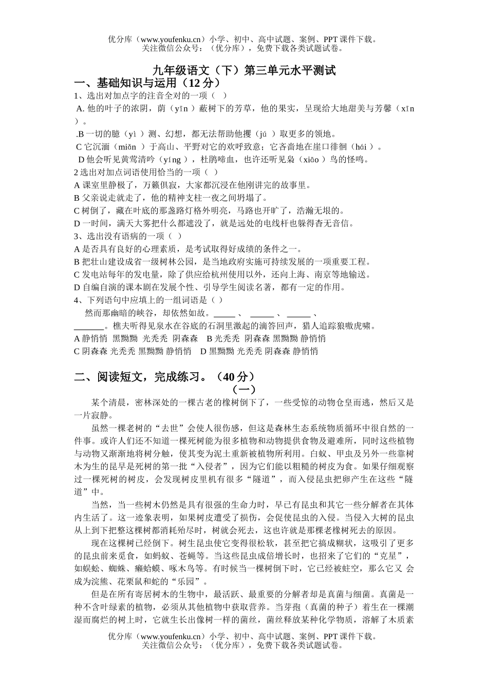 初中九年级语文(下)第三单元水平测试卷_第1页