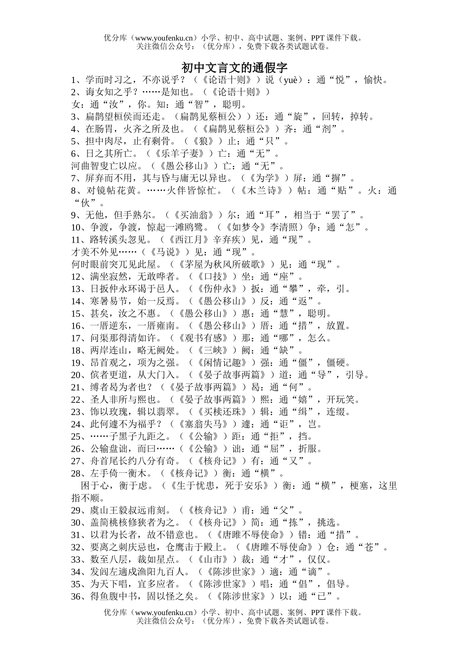 初中九年级语文文言文的通假字试卷_第1页