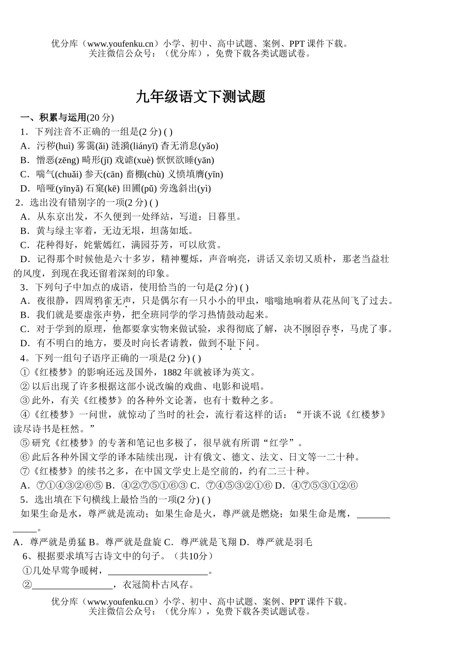 初中九年级语文下测试卷_第1页