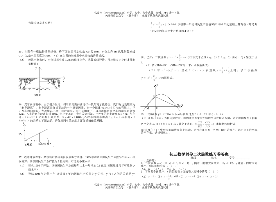 初中九年级数学二次函数练习卷及答案试卷_第2页