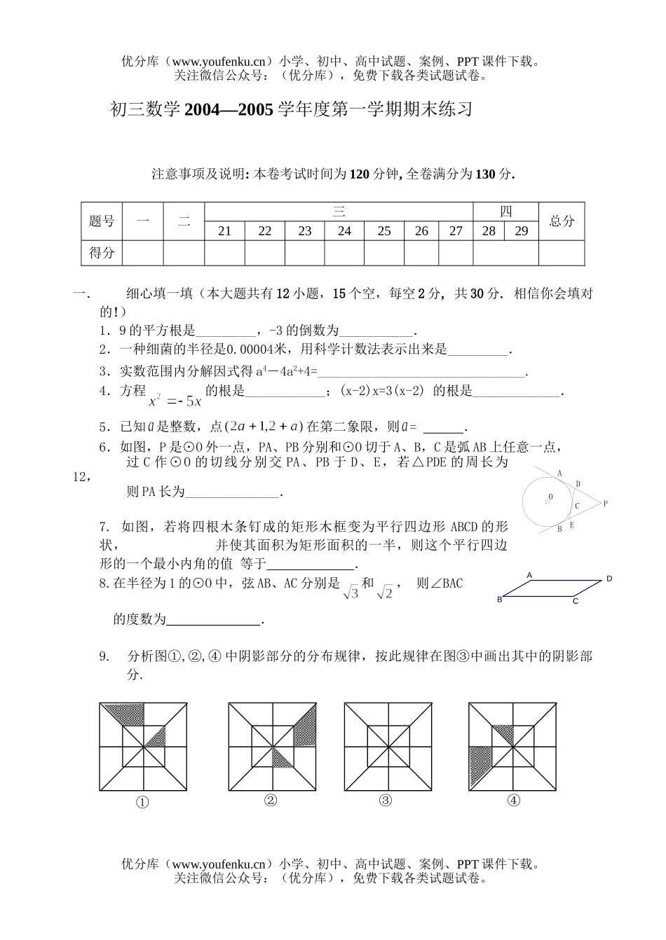 初中九年级数学(上)期末(5)试卷_第1页