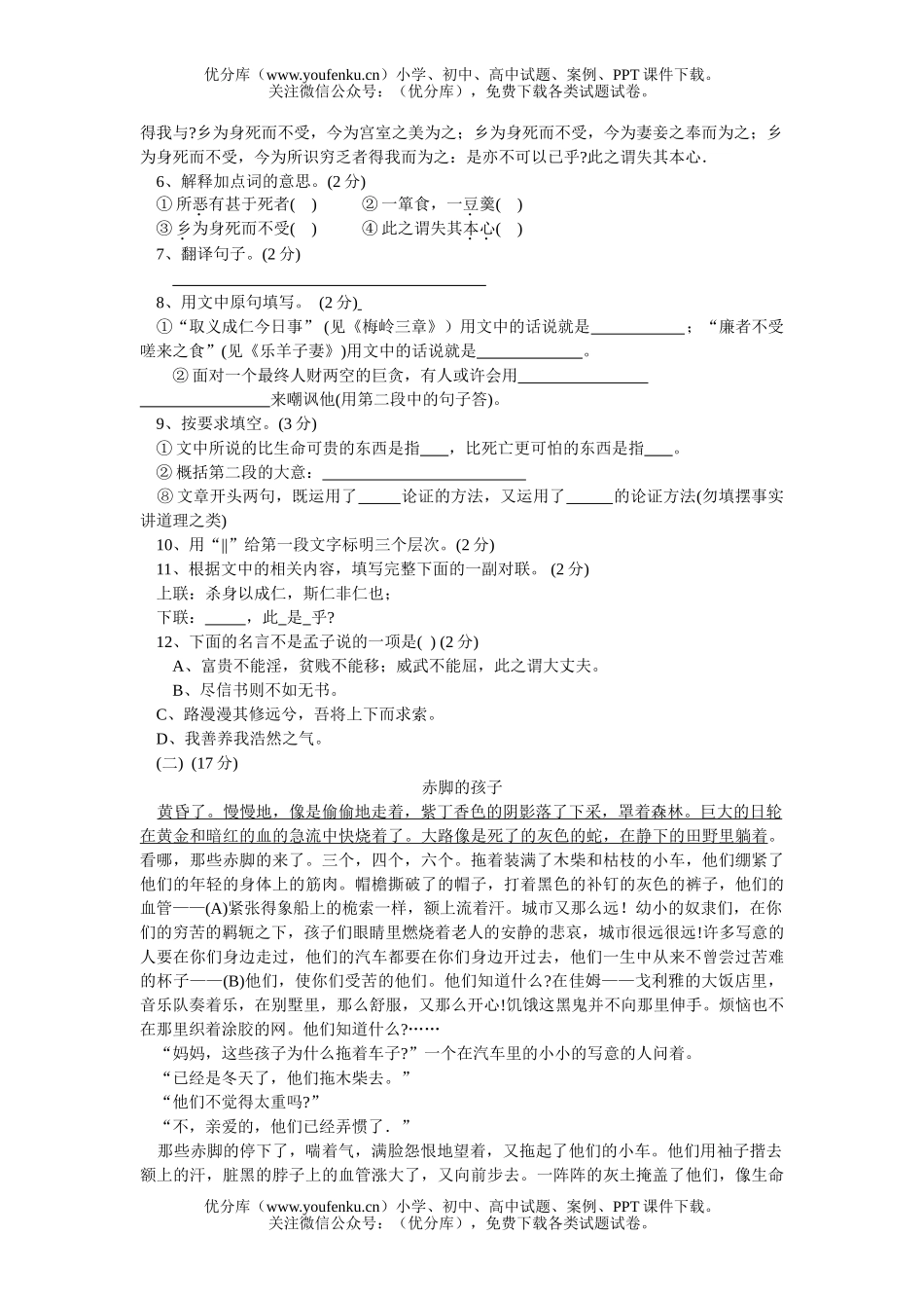初中九年级语文中考模拟(2)A试卷_第2页