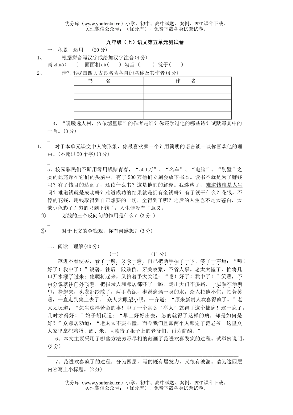 初中九年级语文(上)第五单元测试卷_第1页