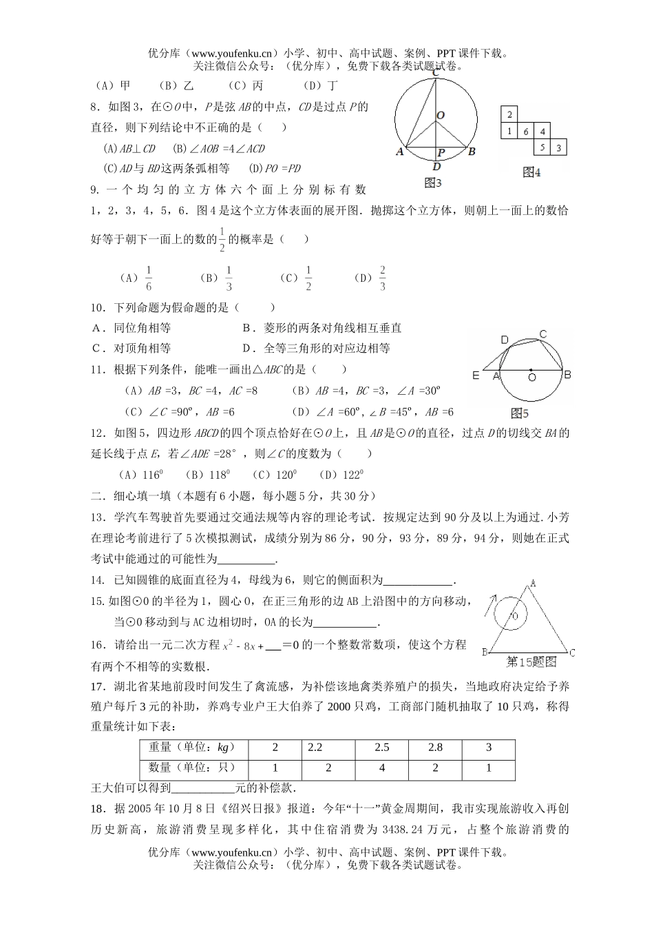 初中九年级数学上虞市第一学期期末试卷_第2页