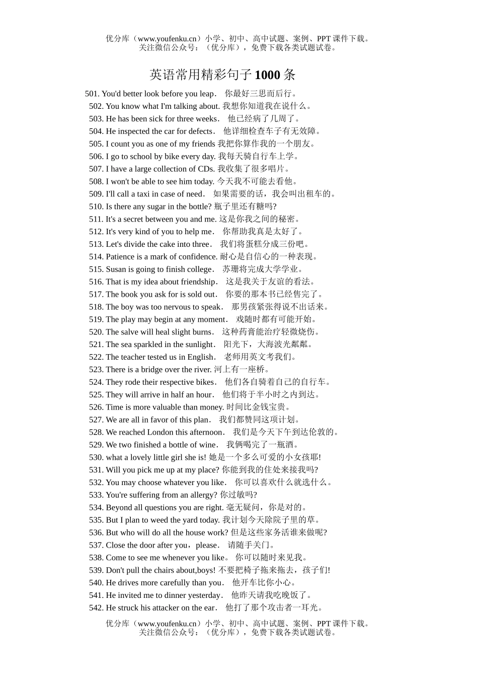 初中九年级英语常用精彩句子1000条试卷_第1页