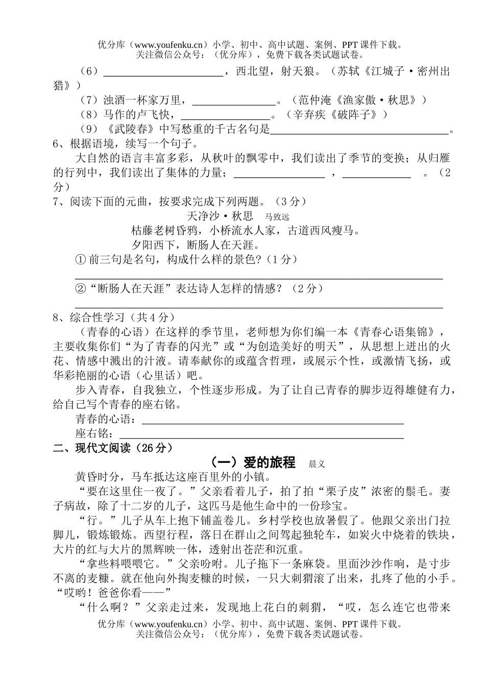 初中九年级语文(上)素质测试卷_第2页