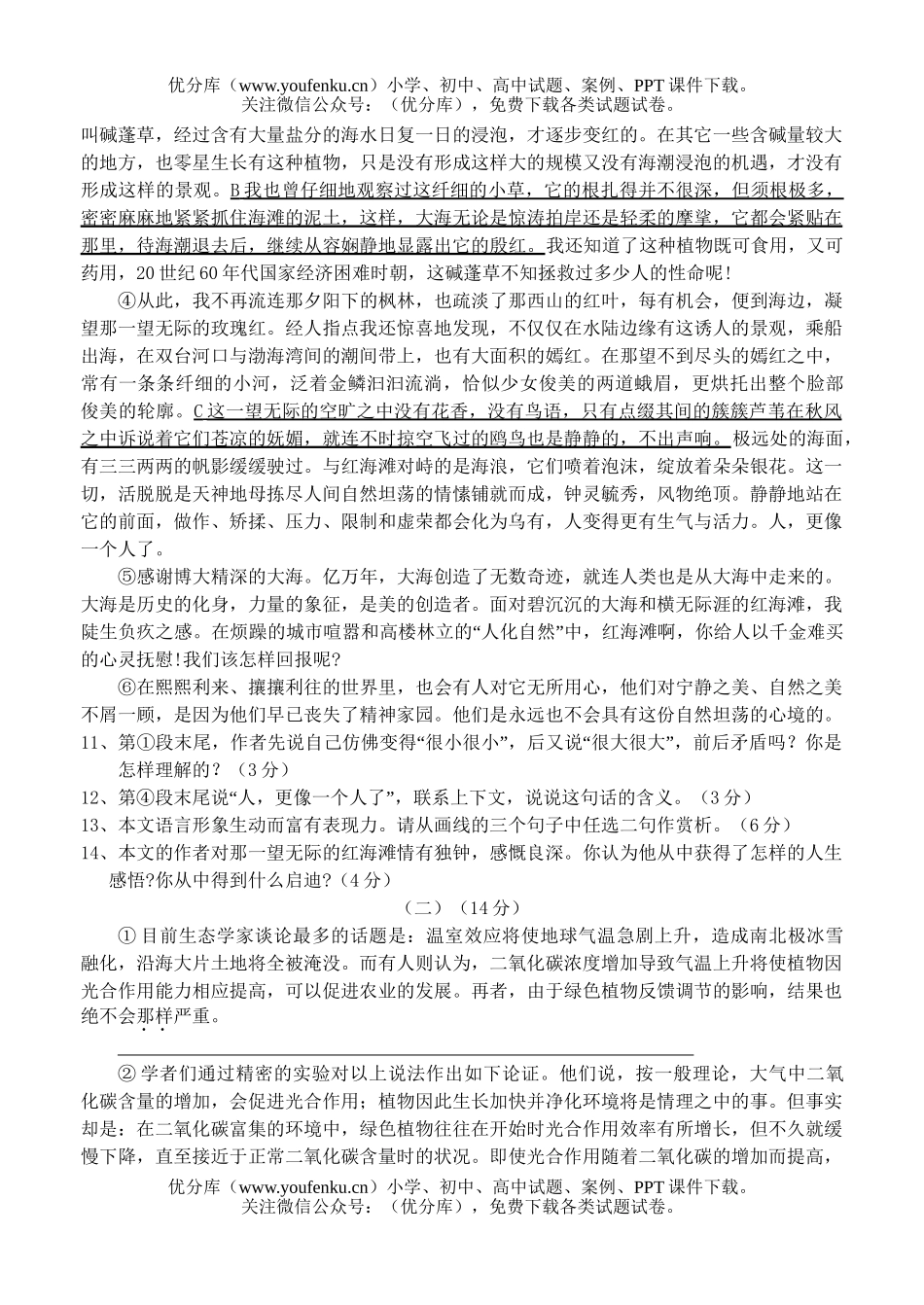 初中九年级语文第一学期学习能力测试卷_第3页