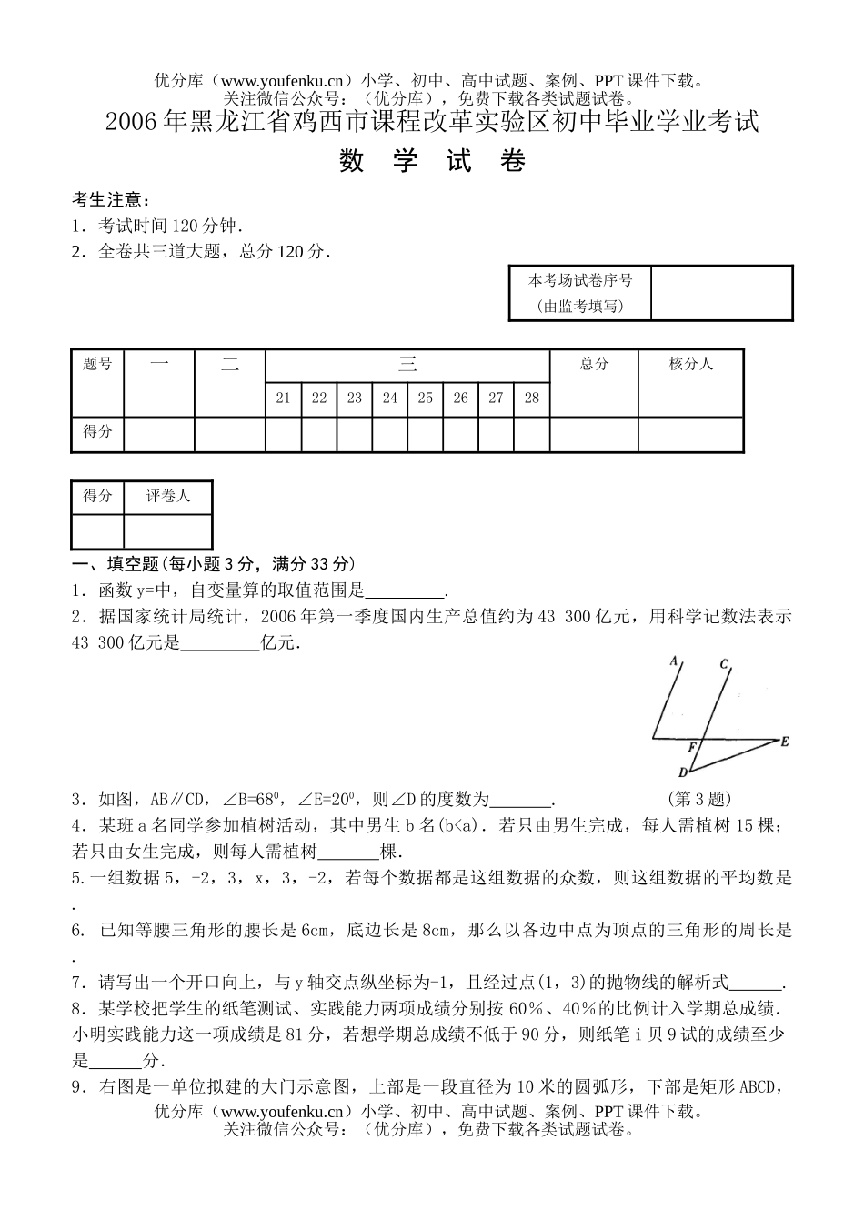 初中九年级数学2006年黑龙江省鸡西市课程改革实验区试卷_第1页