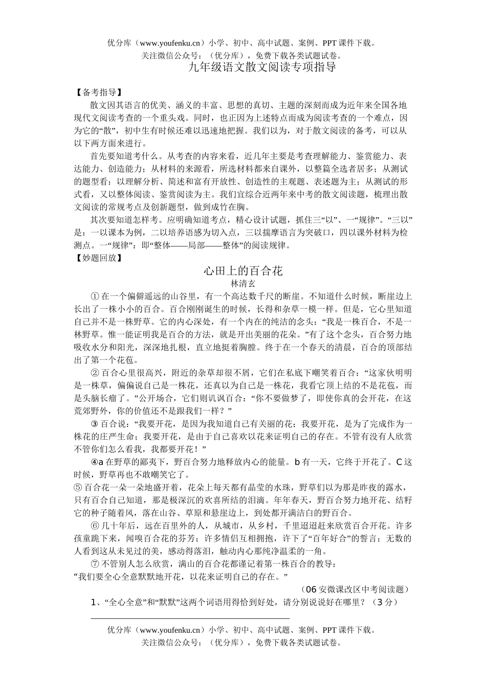 初中九年级语文散文阅读专项指导试卷_第1页
