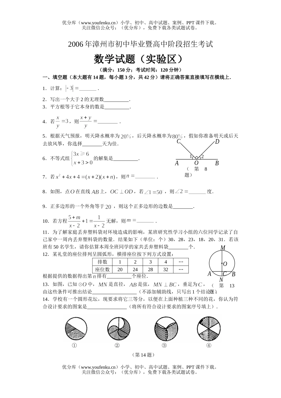初中九年级数学2006年福建漳州市及答案(实验区)试卷_第1页
