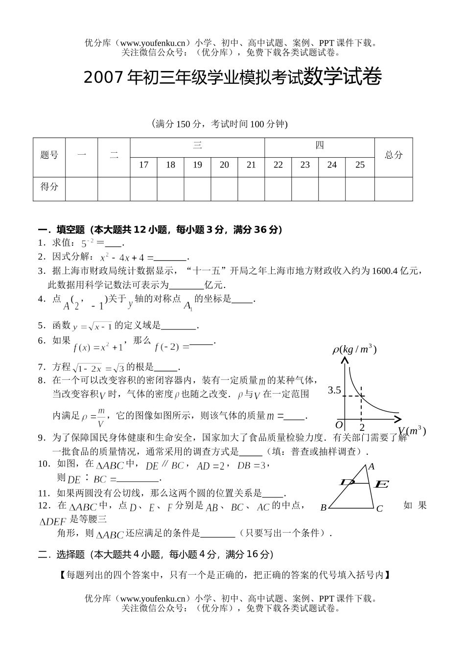 初中九年级数学2007年初学业模拟考试卷_第1页