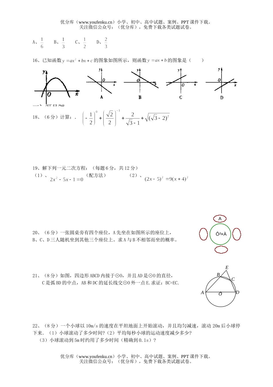 初中九年级数学(上)期末摸拟测试卷_第2页