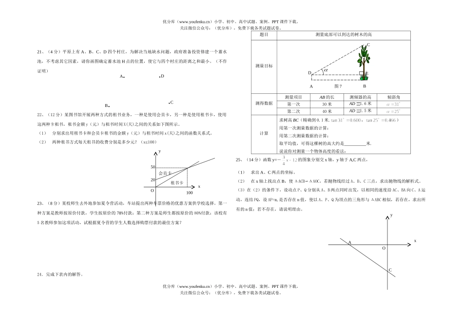 初中九年级数学中考模拟考试卷_第2页