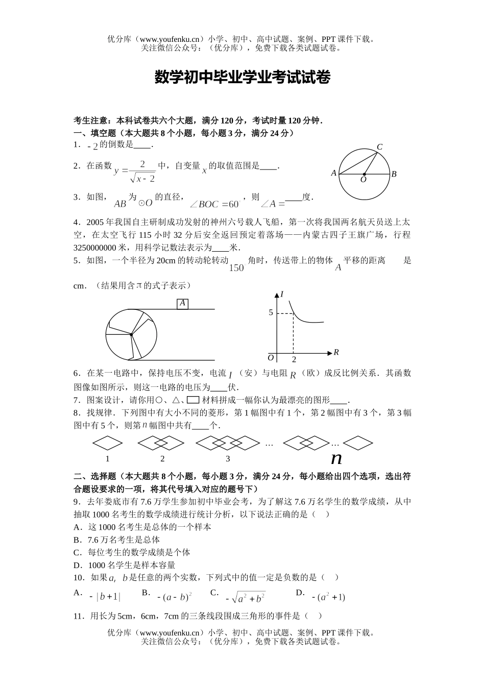 初中九年级数学毕业学业考试卷_第1页